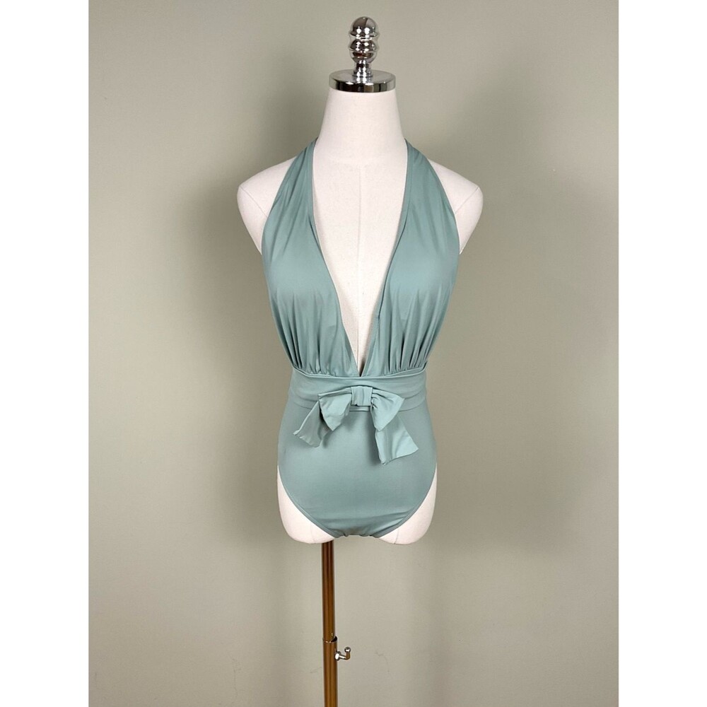 WeWoreWhat Brooklyn Halter Swimsuit Plunge One Piece Swimwear Sage Green Size Lg